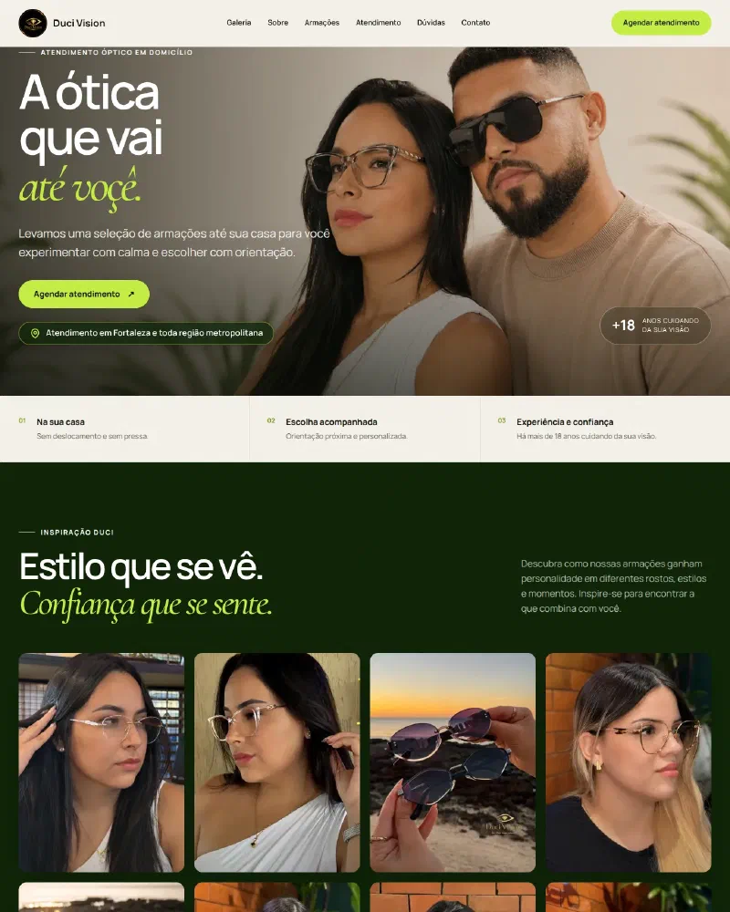 Página da Duci Vision apresentando atendimento óptico em domicílio, galeria de armações e agendamento