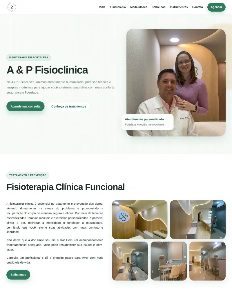Página da AeP Fisioterapia com tratamentos, equipe clínica, recursos terapêuticos e agendamento